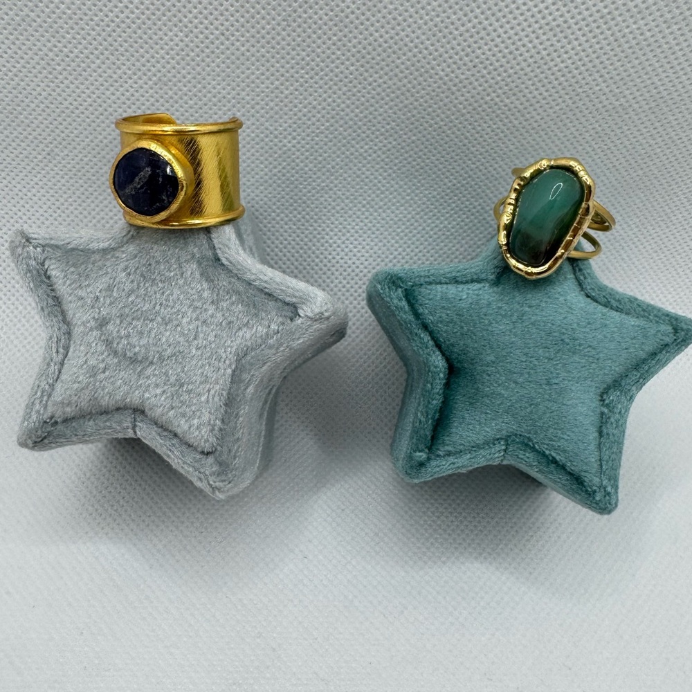 Set of two Blue & Green Gemstone Goldtone Rings Adjustable